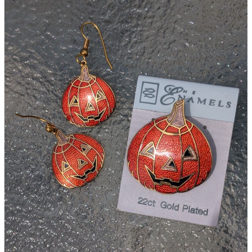 Enamels 22ct Gold Plated Halloween Pumpkin Pen Brooch Earrings